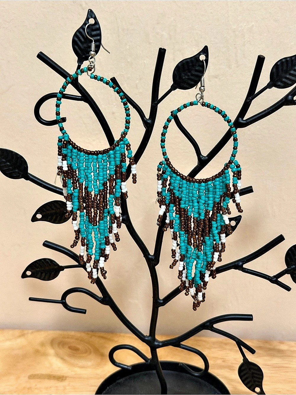 Beaded Fringe Earrings in Blue & Brown
